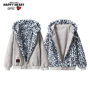 
Charles Heart American Retro Leopard Mountain Carving Cotton Jacket Men's Winter Thickened Warm Hooded Couple Jacket