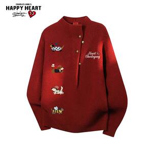 
Charles Love Heart Year of the Horse 2026 new sweater for men and women winter loose casual long-sleeved couple warm sweater