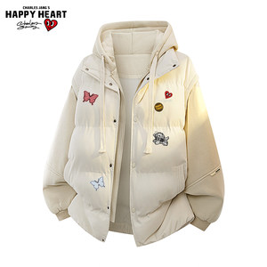 
Charles Heartfelt American Fake Two Piece Spliced Cotton Jacket for Men and Women Winter Windproof and Warm Couple Hooded Cotton Jacket