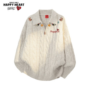 
Charles heart kitten printed lapel sweater tops for men and women new winter casual couple trendy brand sweaters