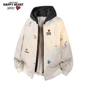 
Charles Heart American Skier Printed Cotton Jacket Men's Winter Contrast Color Fake Two-Piece Thickened Warm Couple Jacket