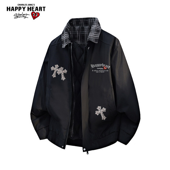 
Charles Heart Cross Printed Fake Two Piece Warm Cotton Clothes New Winter Men's Loose Casual Couple Jacket