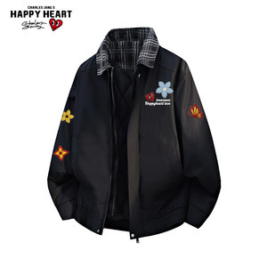 
Charles Heart Floral Print Lapel Fake Two-piece Cotton Clothes for Men and Women Winter New Casual Couple Thickened Jacket
