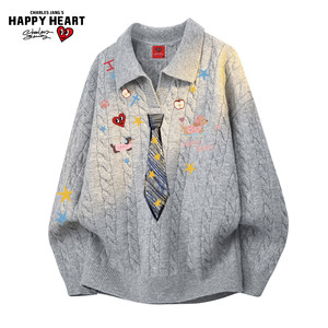 
Charles Heart Henry Collar Sweater Men's Winter New Tie Necklace Printed Trendy Brand Versatile Couple Sweater