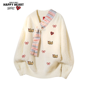 
Charles Peach Heart Puppy Print Christmas Collar Sweater for Men and Women Winter New Casual Lazy Couple Sweater