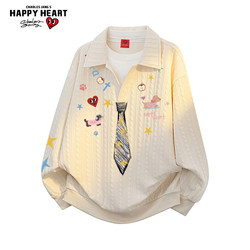 Charles Heart-Patterned Fleece-Lined Graffiti Tie Fake Two-Piece Shirt Collar Sweatshirt for Men and Women, Autumn and Winter Couple Casual Clothing