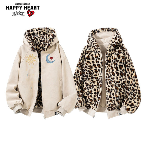 
Charles Heart American Mountain Carving Leopard Print Cotton Jacket for Men and Women Winter Reversible Sun and Moon Print Couple Jacket