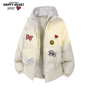 
Charles Heart Butterfly Printed Cotton Clothes for Men and Women Fake Two-Piece Contrasting Color Thickened Warm Cotton Couple Couple Jacket
