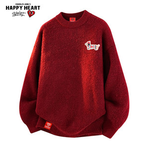 
Charles Love Heart Dachshund Dog Embroidered Round Neck Sweater Men's Autumn and Winter Loose Casual Knitted Sweater Couple Tops
