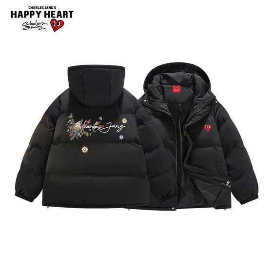 
Charles Heart American Flower Letter Printed Cotton Jacket Men's Trendy Brand New Coldproof Hooded Couple Cotton Jacket