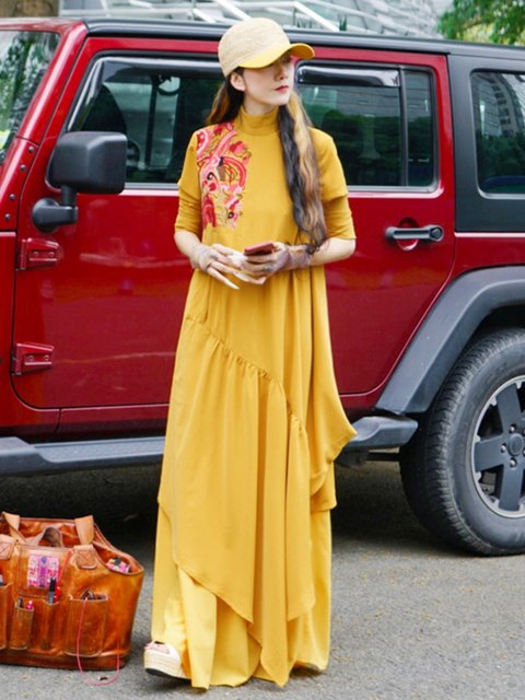 Yang Liping Tripted Yunshang Design the same national style retro embroidery female autumn dress long -sleeved chiffon long skirt
