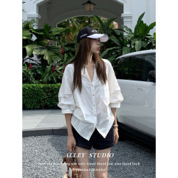 Korean Style High-End Puff-Sleeved White Shirt for Women, Loose-Fitting Waist-Cinching Slimming Cardigan, Casual Five-Quarter Sleeve Pleated Top