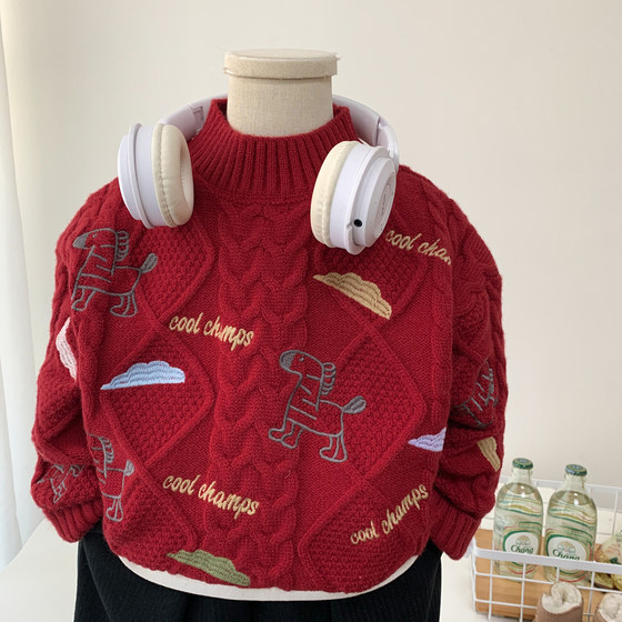 
Boys and girls red sweater 2026 winter new year children's pony embroidered twist thickened pullover cotton sweater