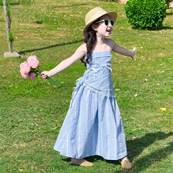 Girls' Dress Summer 2026 New Children's Princess Dress Seaside Vacation Beach Suspender Dress Blue Plaid Dress
