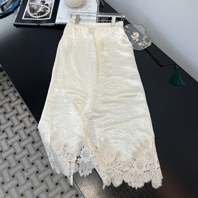 New Chinese style acetic acid skirt for women 2025 spring and autumn new high-waist slim lace spliced ​​mid-length skirt