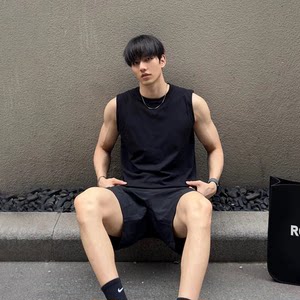 
American trendy brand sports vest suit for men, breathable cotton hurdle vest, running basketball five-point shorts two-piece set