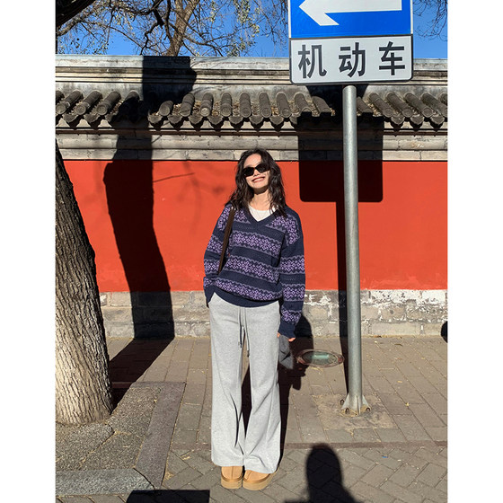 
pusumede elastic waist knitted sweatpants women's velvet casual lazy sweatpants drawstring bootcut pants floor-length trousers