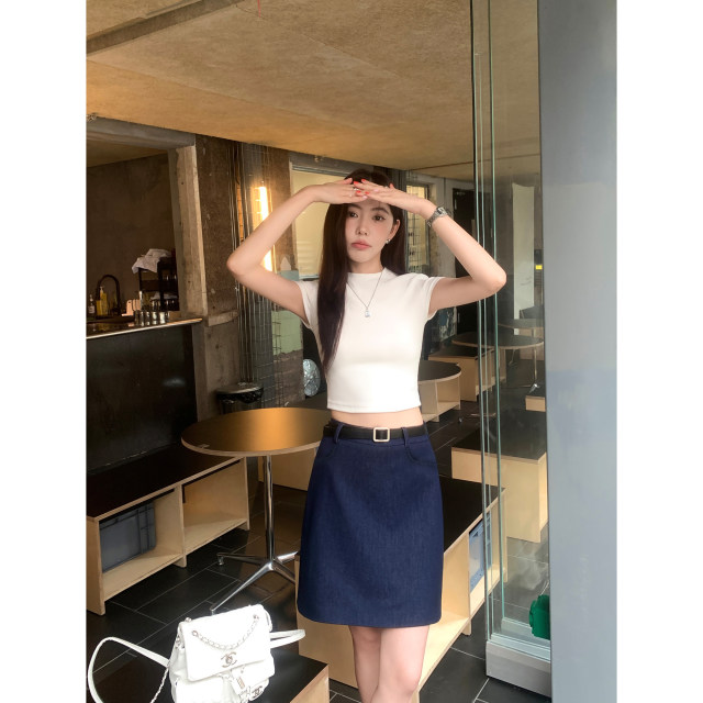 pusumede dark blue a-line skirt for women straight summer new commuter high waist casual versatile short skirt