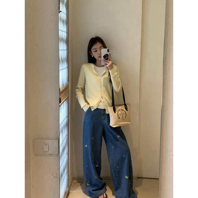 pusumede puppy embroidered age-reducing wide-leg straight jeans for women's design loose trousers high-waist casual pants