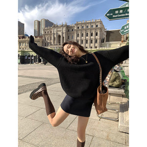 
pusumede[40% off in stock] Black round neck pullover sweater for women Korean style loose lazy style knitted top