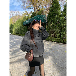 
pusumede Wilderness Travel Loose Short Woolen Jacket Women's Double Breasted Flower Bud Hem Padded Coat