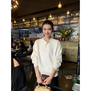 pusumede simple urban polo collar sweater for women in autumn and winter loose lazy sweater with long-sleeved top