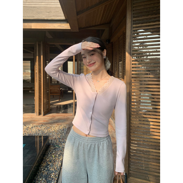 pusumede lace spliced ​​v-neck knitted cardigan for women's design short style slim long-sleeved T-shirt top