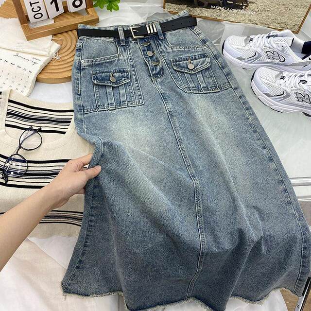 Retro blue buttons Design Senior Skirt Women's Mid -length high -waist A -line skirt 2025 New denim skirt ins