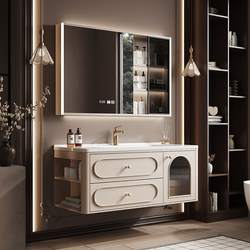 New French-Style Cream-Colored Solid Wood Bathroom Cabinet with Integrated Ceramic Washbasin and Sink Set