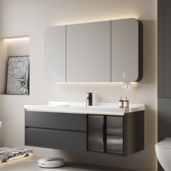 Modern Minimalist Solid Wood Bathroom Cabinet with Integrated Ceramic Washbasin Sink and Vanity Combo