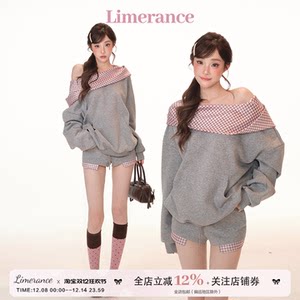 
Tianli Dadai Berlin Sweet Tea Winter Suit Plaid Splicing Gray Sweatshirt Top + Shorts Two-piece Set for Women