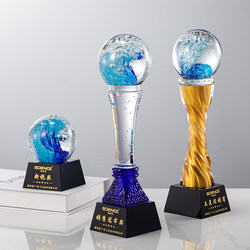Blue Wave Glass Bubble Crystal Ball Trophy Medal Round Decoration Ornaments Enterprise Outstanding Employee Annual Meeting