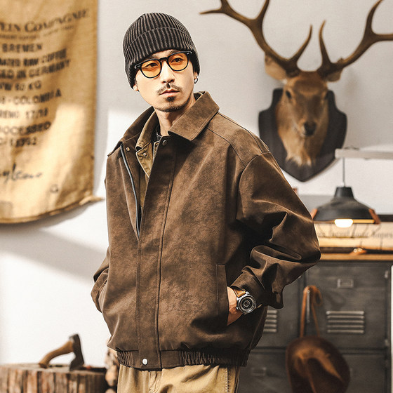 
American retro jacket for men, spring and autumn trendy brand tough guy workwear, men's leather jacket, loose motorcycle jacket, casual leather jacket for men