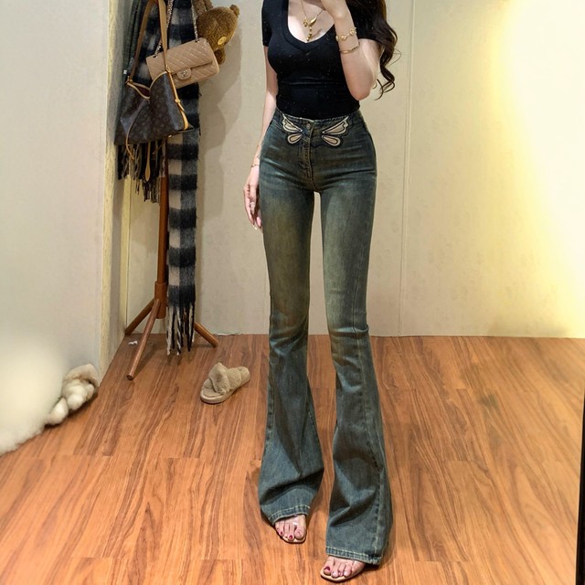 Li Li retro embroidered high-waisted slim and slightly flared jeans for women 2025 summer new stretch slim floor pants