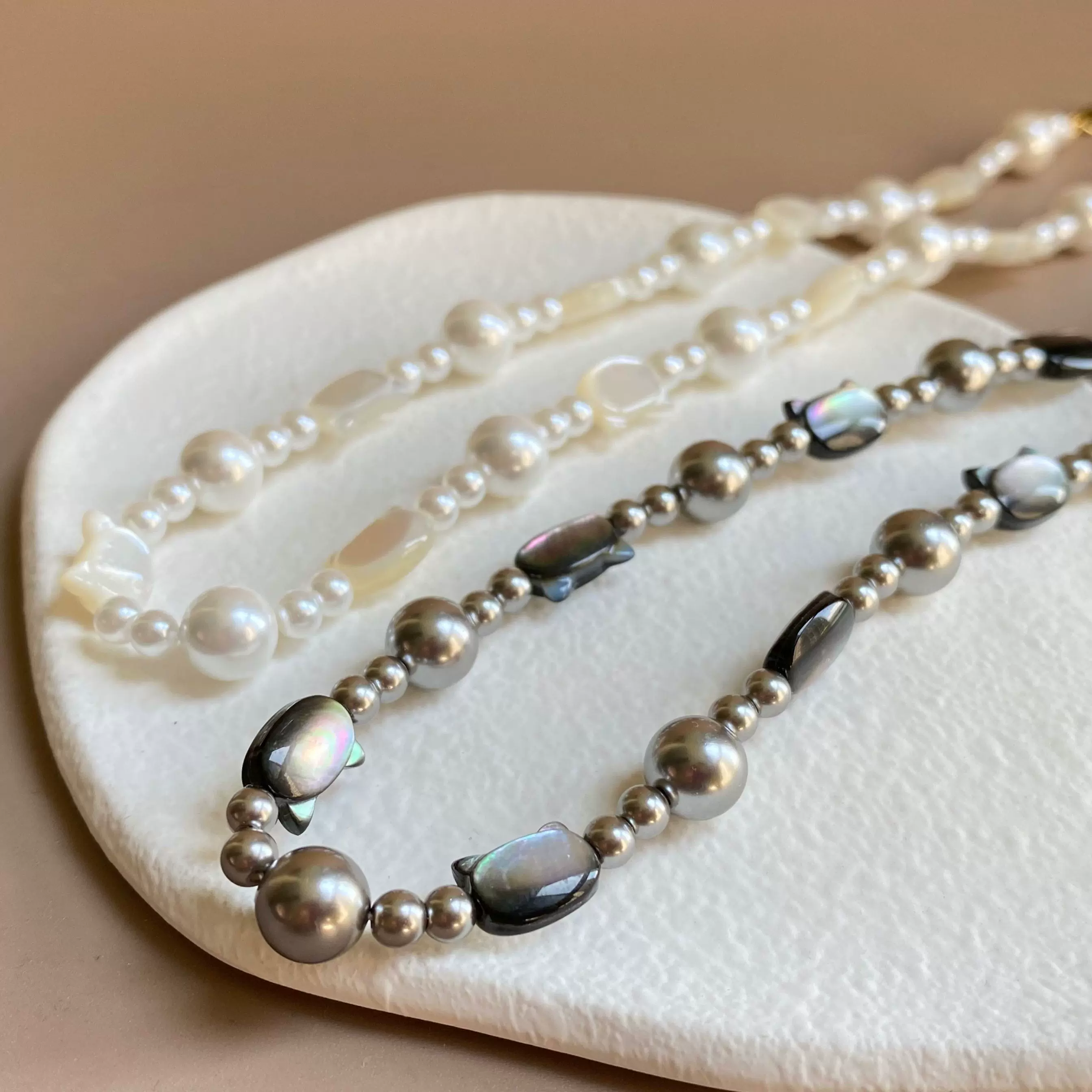 倪妮同款天然母贝整圈双面猫咪水晶珍珠925银镀18k金项链锁骨链