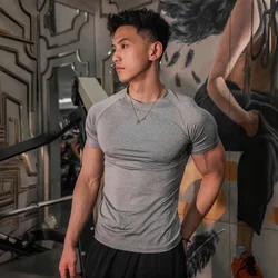 American-Style Raglan Elastic Quick-Drying Round-Neck Slim-Fit Short-Sleeve T-Shirt for Fitness Training, Sweat-Absorbent and Breathable Half-Sleeve for Men