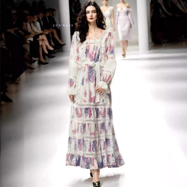Spring light luxury classic holiday dress embroidered loose loose leaf-cut hollow square collar long skirt women's high waist square collar