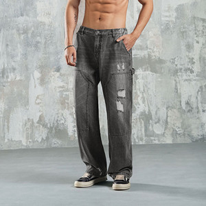 Lujiamen Spring and Winter New ripped straight jeans casual loose plus size men's sports trousers fitness pants
