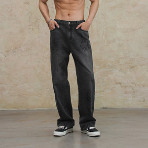 
Lujiamen heavy wash-out old printed jeans men's straight fitness American large-size fitness trousers