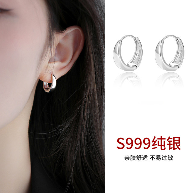 999 sterling silver geometric plain ring earrings for women's cold wind earrings temperament ear buckles 2025 new popular earring earrings
