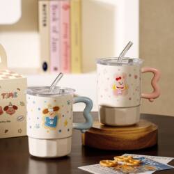 Polka Dot Cute Pet Straw Cup Ceramic Mug with Lid Household Drinking Cup Birthday Gift Cup Souvenir for Men and Women