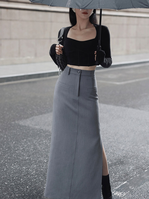 
Xiaoli Gray Records Black Suit High-waisted Half-Woman Long Skirt Spring and Summer High-end Retro Slim Straight Skirt