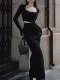 
Xiaoli Gray Records Black Suit High-waisted Half-Woman Long Skirt Spring and Summer High-end Retro Slim Straight Skirt