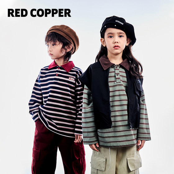 
redcopper children's clothing boys and girls 2026 new autumn tops children's polo shirts striped long-sleeved T-shirts trendy