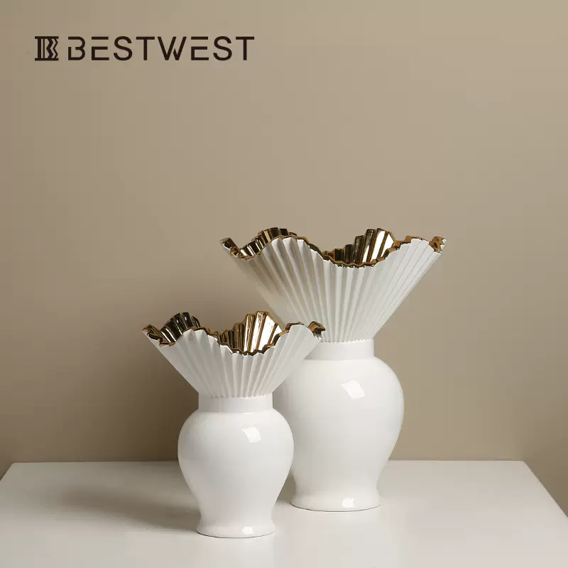 轻奢风高级珠光白轻奢荷叶边陶瓷大肚花瓶家居玄关客厅桌面花器-Taobao
