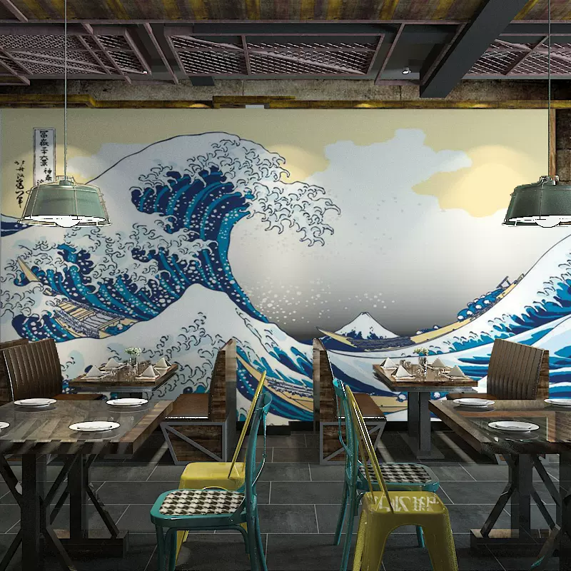 日系装修日式风格壁画日本料理寿司店海浪浮世绘和风墙纸壁纸