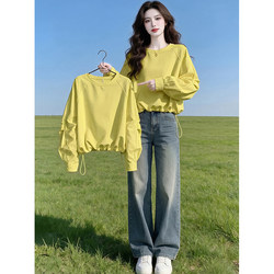 Yellow Round-Neck Simple Loose Drawstring Hem Sweatshirt for Women, 2026 Spring, Super Popular, Age-Reducing, Very Attractive, Versatile Top
