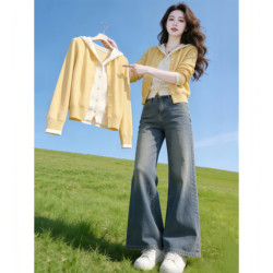 High-End Gray Hooded Knitted Cardigan Long-Sleeved Women's Spring and Autumn 2026 New Fake Two-Piece Top Sweater Jacket