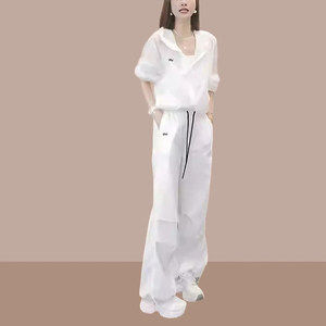 
White casual sports suit 2026 summer simple slim hooded jacket drawstring pants to wear a complete set for women