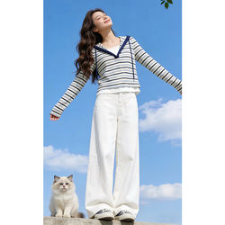 European Style Fake Two-Piece Color-Block Striped Long-Sleeve Knit Top for Women, New Spring and Autumn Loose and Lazy Style, Slimming Hooded Top